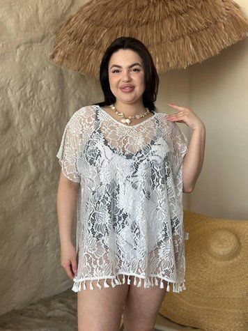 Жіноча біла мереживна пляжна туніка PLUS SIZE 5226502 фото