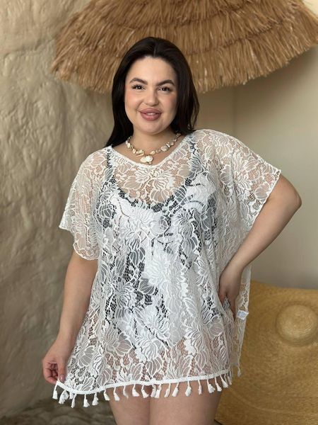 Жіноча біла мереживна пляжна туніка PLUS SIZE 5226502 фото