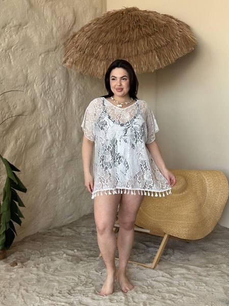 Жіноча біла мереживна пляжна туніка PLUS SIZE 5226502 фото