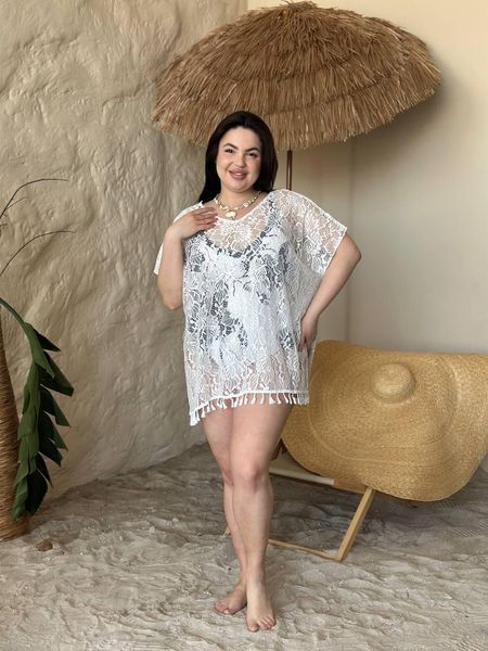 Жіноча біла мереживна пляжна туніка PLUS SIZE 5226502 фото