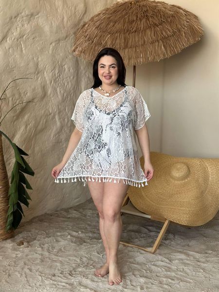 Жіноча біла мереживна пляжна туніка PLUS SIZE 5226502 фото