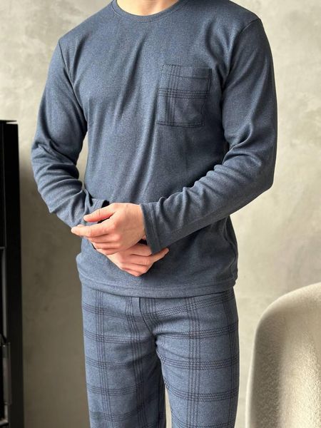 Синя чоловіча піжама з штанами в клітинку 4838103 фото